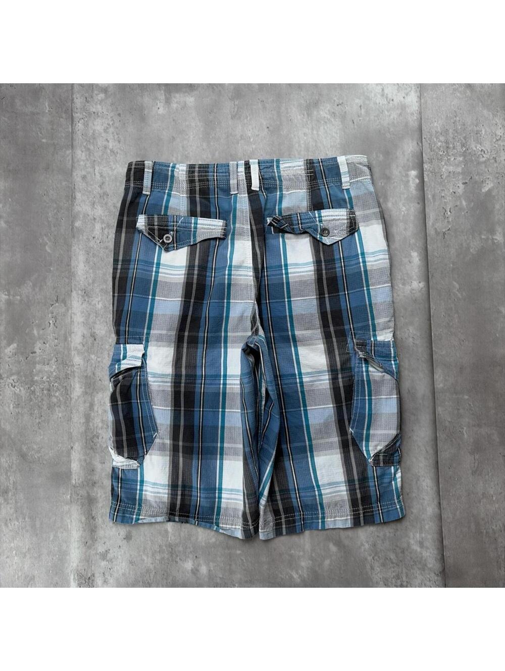 Y2K Blue Helix Grunge Plaid Cargo Skater Bermuda Shorts